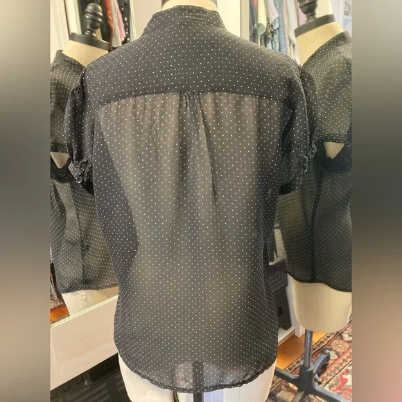Lapis Black Sheer Polka Dot Popover Blouse, Short Puff Sleeve, Size Medium - Picture 2 of 11